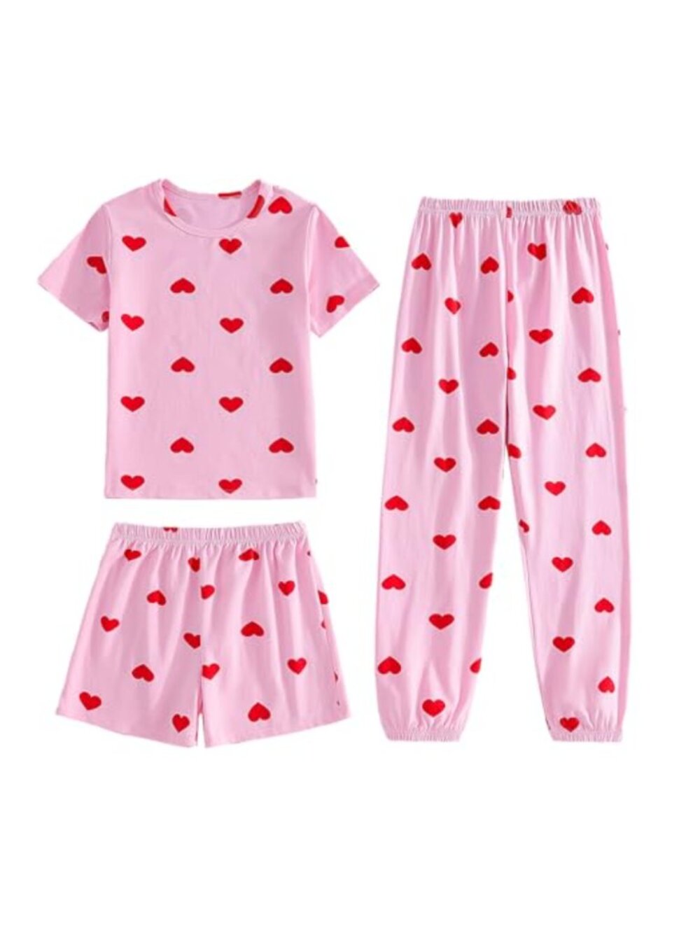 Girls 3 Piece Pajama Set Cotton Spandex Sleepwear Short Sleeve Tee Shorts Pants